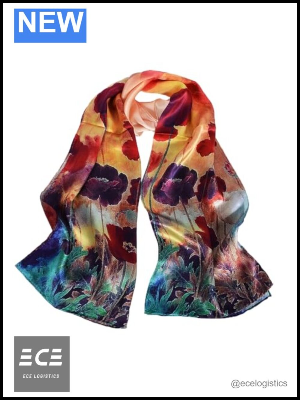 100% Mulberry Silk Long Scarf Wrap Shawl Floral Pattern 67x20